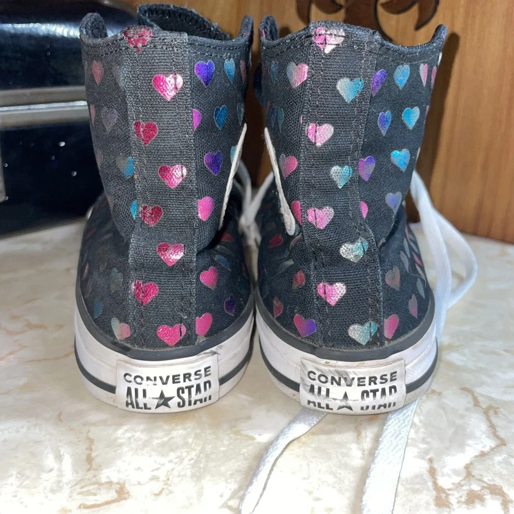 Black Hi-Top Converse Sneakers with‎ Metallic Hearts US 3 Youth/ EU 35 CLEAN